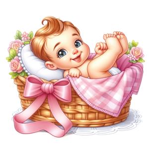 نوزاد خندان داخل سبد حصیری با گل‌های رز و پاپیون صورتی ایده‌آل برای آتلیه عکاسی، پوستر دیواری اتاق نوزاد دختر و تزئینات سیسمونی