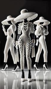 طرح مدرن سه زن با پوشش مرواریدی و استایل فشن مناسب برای کاغذ دیواری فروشگاه‌های پوشاک، مزون‌های لوکس و بنرهای تبلیغاتی محصولات آرایشی