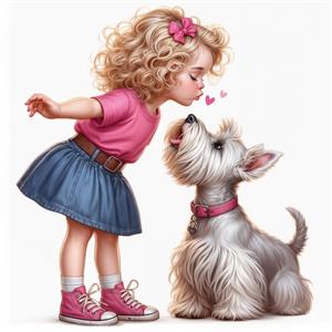 تصویر فانتزی دختر مو فرفری در حال بوسیدن سگ کوچک سفید ایده آل برای پوستر دیواری و تابلوهای دامپزشکی