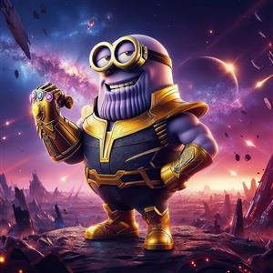 پوستر سه بعدی مینیون در نقش تانوس با دستکش ابدیت در کهکشان ایده آل برای اتاق خواب پسرانه و مهدکودک