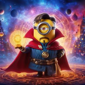 پوستر دیواری مینیون در نقش دکتر استرنج با جادوی کیهانی، طرحی خاص برای دکوراسیون اتاق گیمینگ، سینمای خانگی و دفتر کار خلاقانه