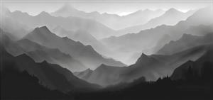 منظره مینیمال کوهستان مه‌آلود سیاه و سفید مناسب پوستر دیواری عریض سالن کنفرانس، اتاق کار و دکوراسیون اداری