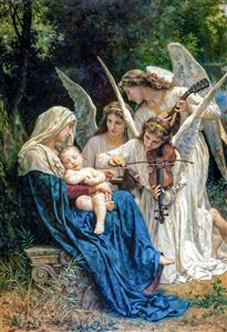 بازآفرینی تابلوی نقاشی کلاسیک فرشتگان نوازنده و کودک برای پوستر دیواری اماکن مذهبی، هنری و سالن‌های موسیقی