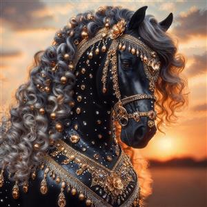 پوستر دیواری لوکس اسب سیاه تزئین شده با جواهرات طلا در غروب برای دکوراسیون‌های مجلل و اشرافی