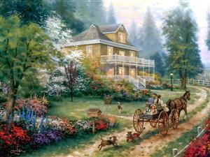 نقاشی کلاسیک منظره خانه ویلایی با درشکه و اسب مناسب تابلو فرش و پوستر دیواری سالن پذیرایی و لابی ویلا