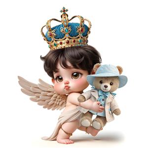 فرشته کوچولو با تاج پادشاهی و خرس عروسکی برای پوستر دیواری اتاق کودک و چاپ روی پرده‌های فانتزی