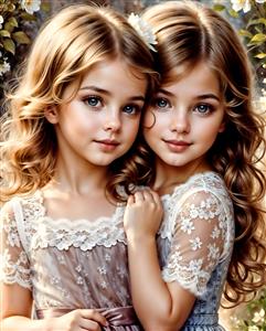 تصویر دو خواهر زیبا با لباس‌های توری کلاسیک برای قاب عکس دکوراتیو و پوستر دیواری سالن‌های زیبایی