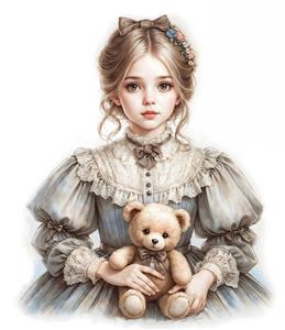 نقاشی پرتره دختر کلاسیک با خرس عروسکی برای تابلوهای تزئینی لوکس و دکوراسیون سالن های پذیرایی خاص