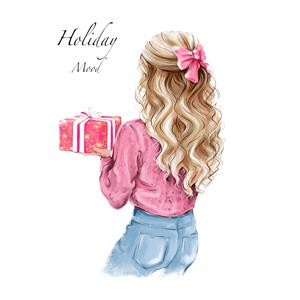 تصویر فانتزی دختر با هدیه کریسمس و پاپیون صورتی مناسب پوستر دیواری اتاق خواب دخترانه و چاپ روی دفترچه و ماگ