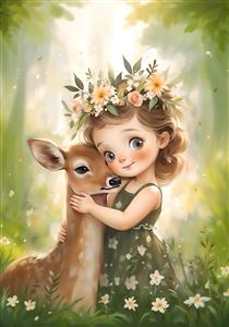 تصویرسازی احساسی دختربچه و گوزن در دل طبیعت مناسب برای پوستر دیواری پذیرایی، اتاق خواب، هتل‌ها و فضاهای درمانی با تم آرامش‌بخش