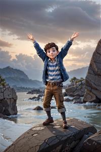 تصویر پسر ماجراجو روی صخره‌های ساحلی هنگام غروب مناسب برای پوستر دیواری اتاق نوجوان و فضاهای ورزشی