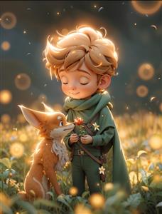 تصویر رویایی شازده کوچولو و روباه در دشت گل‌های درخشان مناسب برای پوستر دیواری و کاغذ دیواری اتاق کودک