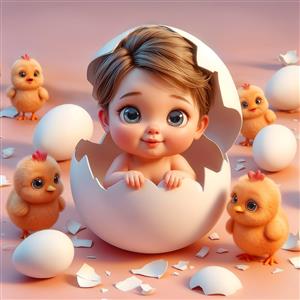 تصویر خلاقانه نوزاد داخل پوسته تخم‌مرغ و جوجه‌های زرد مناسب برای پوستر دیواری آتلیه کودک و مهدکودک