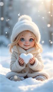 دختر کوچولوی چشم آبی با قلب برفی در زمستان ایده آل برای تابلو دکوراتیو هال و پذیرایی و پوستر دیواری فانتزی