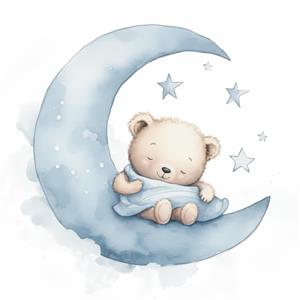 پوستر دیواری آبرنگی خرس خوابیده روی ماه مناسب برای دکوراسیون آرامش‌بخش اتاق نوزاد، مهدکودک و چاپ روی پرده و کوسن