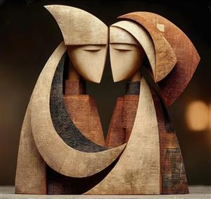 مجسمه چوبی مفهومی آغوش و عشق با سبک مینیمال مناسب دکوراسیون اتاق عروس و پوستر دیواری اتاق خواب