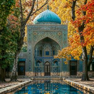 تصویر رویایی مقبره حافظ (حافظیه) در میان درختان پاییزی شیراز برای پوستر دیواری اتاق خواب و مستر