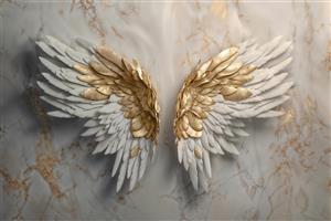 طرح سه بعدی بال فرشته سفید و طلایی روی سنگ مرمر برای پشت کاناپه و دکوراسیون آرایشگاه‌های زنانه