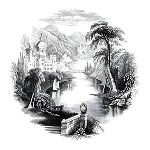 قاب دکوراتیو دایره‌ای با طرح عمارت اشرافی و رودخانه در دل کوهستان ویژه اتاق مدیریت و سالن کنفرانس