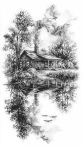 منظره کلبه جنگلی و انعکاس در دریاچه به سبک نقاشی سیاه و سفید برای پوستر دیواری ویلا و اتاق خواب