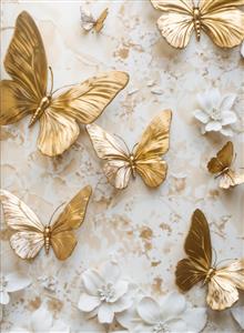 پوستر سه بعدی لاکچری پروانه‌های طلایی روی سنگ مرمر برای پشت میز پذیرایی و لابی‌های مجلل