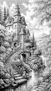 منظره سیاه و سفید قصر کلاسیک و آبشار برای پوستر دیواری کلاسیک اتاق کار و سالن پذیرایی