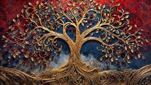 پوستر دیواری سه بعدی درخت زندگی طلایی روی زمینه زرشکی و سورمه‌ای ویژه تالار و پذیرایی مجلل