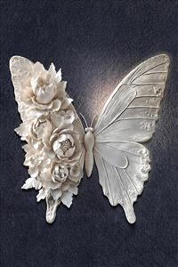 پوستر دیواری سه بعدی پروانه و گل‌های برجسته سفید مناسب برای دکوراسیون لابی و پشت تخت عروس