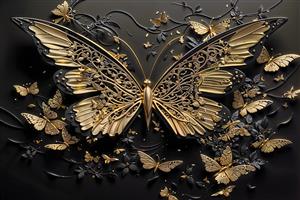 پوستر دیواری مجلل پروانه طلایی مشبک روی زمینه مشکی برای دکوراسیون پشت تلویزیون و پذیرایی لوکس