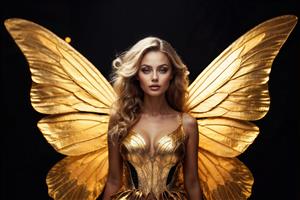 تصویر هنری زن با بال‌های پروانه‌ای طلایی ویژه چاپ روی بوم و تابلوهای دکوراتیو پذیرایی و تالار