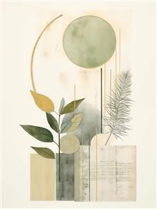 تابلو دکوراتیو انتزاعی با طرح ماه و گیاه در طیف رنگی ملایم مناسب برای اتاق خواب آرامش‌بخش و دفتر کار