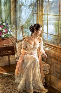 تصویر نقاشی کلاسیک زن در کنار پنجره و منظره طبیعت برای تابلو دکوراتیو و قاب‌های هنری کلاسیک