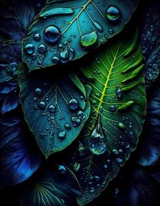 پوستر دیواری با طرح برگ‌های پهن و قطرات باران تیره و درخشان مناسب فضای پشت تختخواب و اتاق استراحت