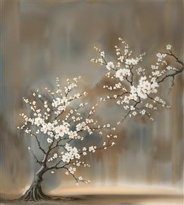 نقاشی به سبک خاور دور از درخت شکوفه در زمینه خاکی برای پوستر دیواری راهرو و دکوراسیون مینیمال