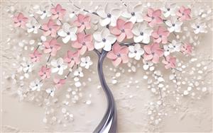 طرح سه بعدی درخت شکوفه با گلبرگ‌های برجسته صورتی و سفید برای پوستر دیواری پذیرایی و پشت تلویزیون