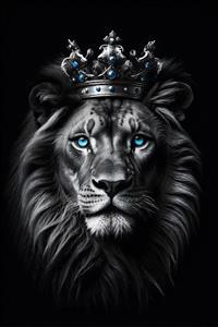 پرتره باشکوه شیر با تاج پادشاهی و چشمان آبی خیره‌کننده مناسب پوستر دیواری سالن کنفرانس و لابی مجلل
