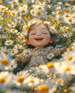 طرح کارتونی دختربچه میان گلهای بابونه برای پوستر دیواری اتاق نوزاد، سیسمونی و ست روتختی کودکان