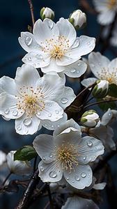 نمای نزدیک شکوفه‌های سفید با قطرات شبنم ویژه چاپ روی ظروف چینی، کاشی تزئینی و پوستر دیواری سرویس لوکس