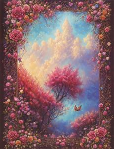 منظره رویایی باغ گل رز با قاب اسلیمی و آسمان ابری ویژه پوستر دیواری کلاسیک و تابلو دکوراتیو تالار پذیرایی