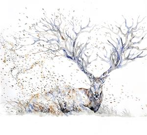 نقاشی آبرنگی گوزن با شاخ‌های درختی و برگ‌های پاییزی مناسب چاپ روی بوم، کوسن و پوستر دیواری پذیرایی