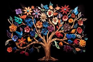 طرح انتزاعی درخت زندگی با گل‌ها و پرندگان رنگی برجسته مناسب پوستر دیواری سه بعدی و کوسن