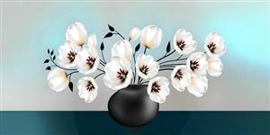 پوستر دیواری مینیمال گلدان گل‌های لاله سفید در پس‌زمینه ملایم برای دکوراسیون مدرن و دیوارهای باریک