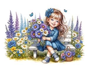 تصویر کارتونی دختربچه خندان با سبد گل روی نیمکت ویژه کاغذ دیواری اتاق کودک و چاپ روی روتختی