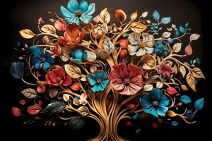 طرح درختی با شکوفه‌های رنگارنگ و برجسته ویژه پوستر دیواری سه بعدی و تابلو دکوراتیو سالن پذیرایی