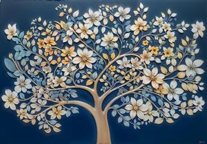طرح هنری درخت سفید و زرد در زمینه سرمه‌ای تیره مناسب پوستر دیواری لابی، پشت میز مدیریت و سالن پذیرایی