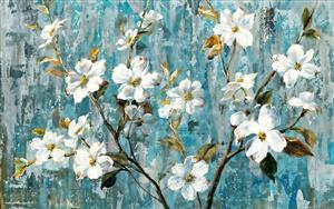 نقاشی مدرن گل‌های سفید روی بوم با تم فیروزه‌ای ویژه پوستر دیواری پشت تخت، مطب پزشکان و لابی هتل