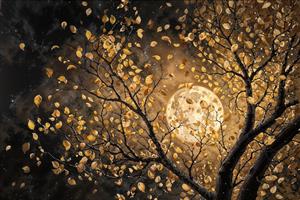 تصویر رویایی درخت با برگ‌های طلایی در شب مهتابی ویژه چاپ پوستر دیواری، تابلو بوم و کاغذ دیواری اتاق خواب
