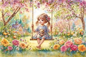 نقاشی آبرنگ دختر بچه و خرس تدی روی تاب در باغ گل مناسب پوستر دیواری اتاق کودک، مهدکودک و روتختی نوزاد