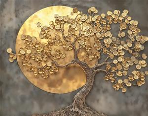 پوستر دیواری سه بعدی درخت سکه طلا و خورشید درخشان نماد ثروت برای دکوراسیون دفتر کار، لابی و پشت میز مدیریت