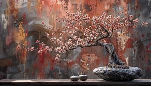 بونسای شکوفه گیلاس با پس‌زمینه انتزاعی هنری مناسب برای پوستر دیواری پذیرایی و تابلو دکوراتیو لوکس در هتل‌ها